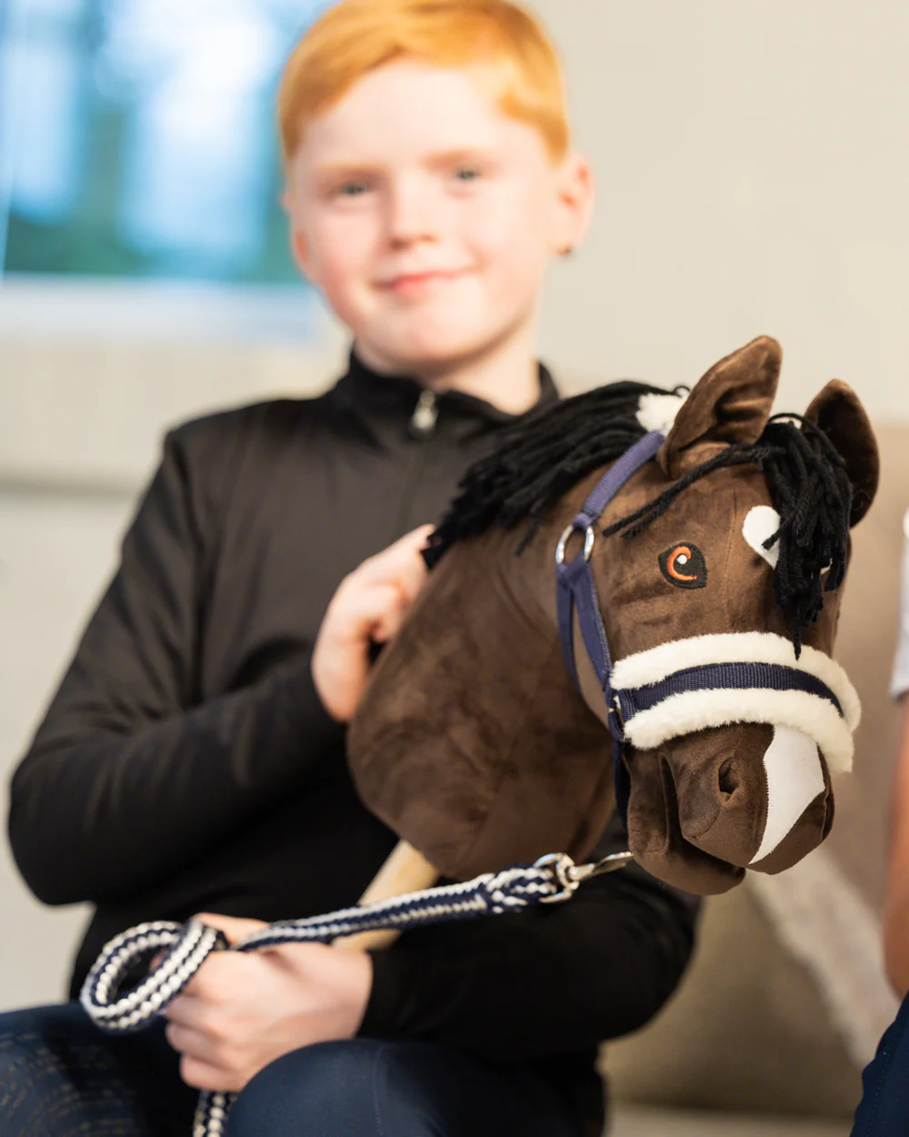 Halstertouw jongen met hobbyhorse en halster en halstertouw